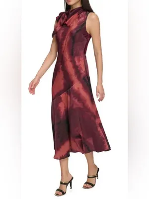 DKNY Sleeveless Tie-Neck Midi Dress in Burgundy and Coral Wash thumbnail 3
