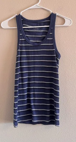 aerie Navy & White Ribbed Striped Tank thumbnail 1