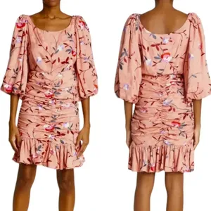 ByTimo Ruched Floral Embroidered Jacquard Dress Balloon Sleeves Coral Size XS thumbnail 2