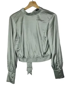 Express Sage‎ Green Satin Open Back Long Sleeve Blouse XS thumbnail 1