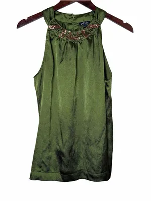 Y2K Apt. 9 Olive Green Satin Sleeveless Top Halter Beaded Sz Large Whimsygoth thumbnail 4