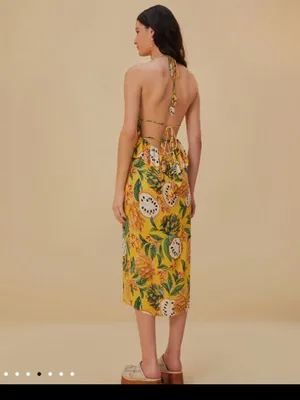 FARM Rio BiRiBA Yellow Tropical Halter Midi Dress with Side Slit and Peplum thumbnail 2