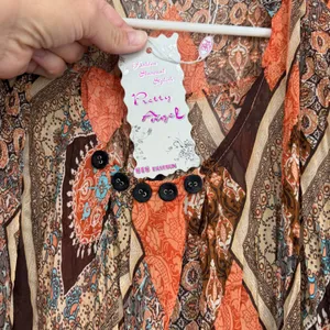 Pretty Angel‎ Sheer Large Orange Brown Paisley Boho Sharkbite Hem Tunic Top NWT thumbnail 6