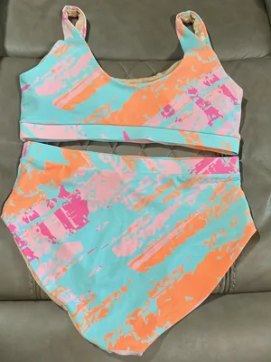 Women High-Waist Two-Piece Swim Set in Aqua, Peach & Pink thumbnail 2