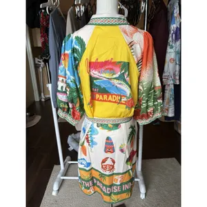 Tropical Patchwork Mini Dress XL Resort Print Designer Inspired Puff Sleeve thumbnail 4