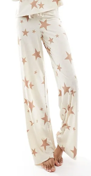 ASOS‎ DESIGN Tall Star Print Pajama Pants Cream Brown Wide Leg Lounge US 12 thumbnail 1