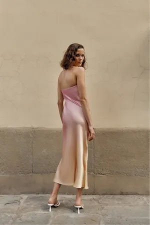 Zara midi dress maxi tie dye pink beige satin strapless wedding shower date thumbnail 4