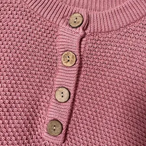 Pink waffle knit sweater buttons casual crewneck warm winter fall oversized thumbnail 3