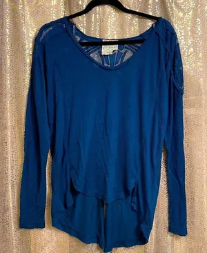 Free People navy blue mesh/lace split back long sleeve tunic style top, S thumbnail 1