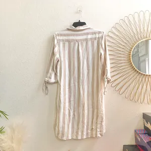 Neiman Marcus Cream Tan White Striped Button Up Down Shirt Mini Summer Dress Front Pockets-Size 8 #Minimalist #Designer #Luxury #Chic Measurement in pics thumbnail 2