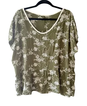 Olive Green Floral Embroidered Peplum Babydoll Top‎ Short Sleeve Boho Peasant thumbnail 1