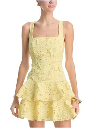 NWT Aqua Womens Lined Lace Tiered Mini Dress IDO14101 Yellow XS thumbnail 1