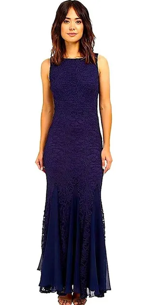 Sangria Navy Blue Lace Mermaid Godet Hem Maxi Dress Formal Gown by thumbnail 1