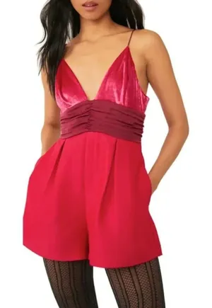 Free People Skylie Saylor Hot Pink Velvet Satin Ruched Romper Spaghetti Strap 4 thumbnail 1