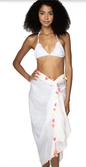 100% Cotton White Heart-Trim Sarong Coverup - Women's Beach Wrap thumbnail 1
