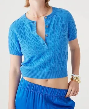 J.Crew Cardigan Sweater Blue Cashmere Cable Knit Short Sleeve Button Front thumbnail 1