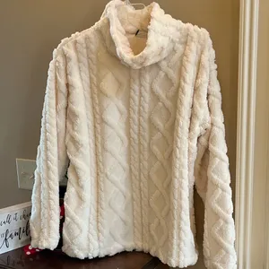 Eddie Bauer So Comfy Blanket Sweater Turtleneck Off White Cable Knit Fleece New thumbnail 4