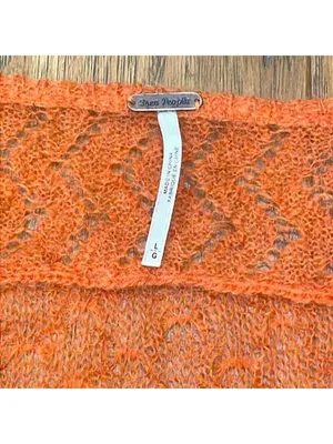 Free People Macaroon Ruffled Neck Mohair Wool Sweater Burnt Orange Ruffle size L thumbnail 7