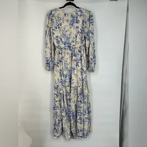 Blue Floral Long Sleeve Tiered Maxi Dress Cream/Blue XS thumbnail 8
