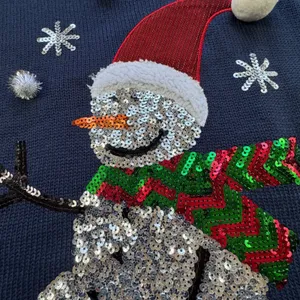 Holiday Time Snowman Sequin Ugly Christmas Sweater Womens 2X 20 Navy‎ White Poms thumbnail 11