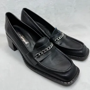 Free People Hayden Black Leather‎ Heeled Loafers Chain Accent Size 41 US 10 thumbnail 1