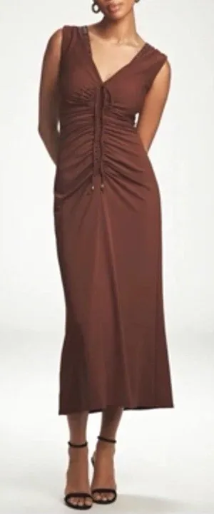 Maeve Sleeveless V-Neck Studded Ruched Brown Midi Sheath Dress Size S thumbnail 1
