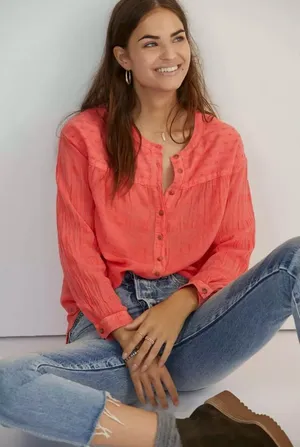 Anthropologie Pilcro Mila Draped Button Down‎ Top Shirt in Coral Size Medium thumbnail 1
