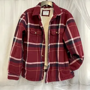 Old Navy Burgundy Plaid Sherpa-Lined Shacket Jacket Pockets L Large Button Up thumbnail 1