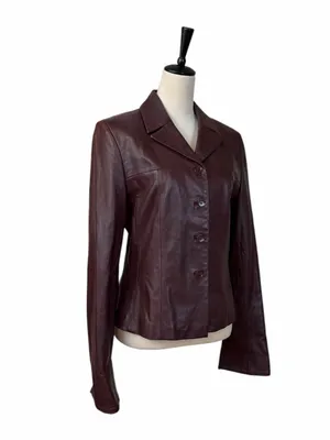 Cache Leather Jacket 10 Burgundy Fitted Button Front Y2K Retro Blazer Maroon thumbnail 4