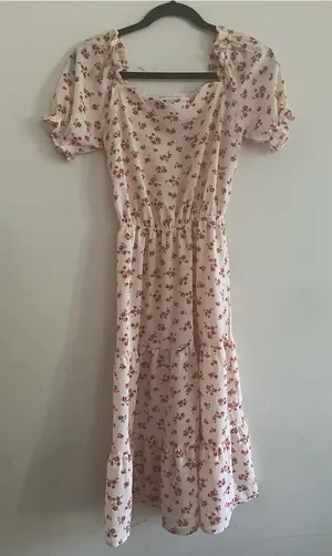 Monteau Cream Pink Cottagecore Floral Puff Sleeve Midi Dress XS Prairie Romantic thumbnail 1