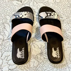 SOREL Ella II Slide Sandals Mauve Vapor Snake Print Leather Dual Strap Sz 11💛 thumbnail 6