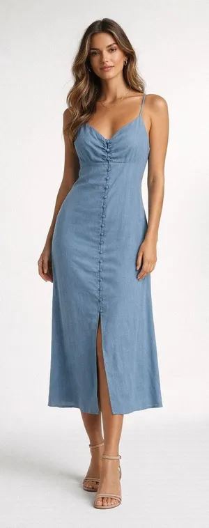 Grade & Gather Button Down Spaghetti Strap Midi Dress in Smoky Blue, S thumbnail 1