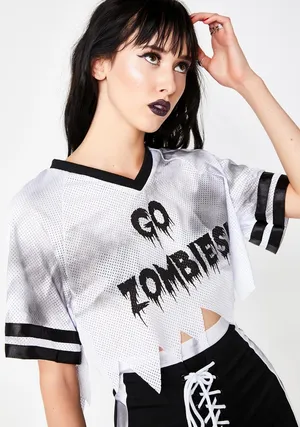 Womens XL NWT Dolls Kill Go Zombies Cropped Football Jersey thumbnail 1