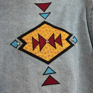 Vintage S Small Denim Jacket‎ Southwest Boho Aztec Embroidered Oversized USA thumbnail 13