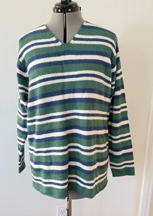 Vintage Women's Cherokee Acrylic Sweater Size L, Green White Strips V Neck thumbnail 1