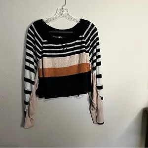 Free People Block Party Linen Cotton Stripped‎ Boxy Knit Exposed Hem Sweater thumbnail 5
