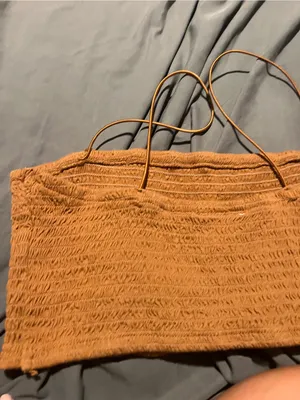 Anthropologie Maeve Smocked Spaghetti Strap Crop Top in Camel thumbnail 4