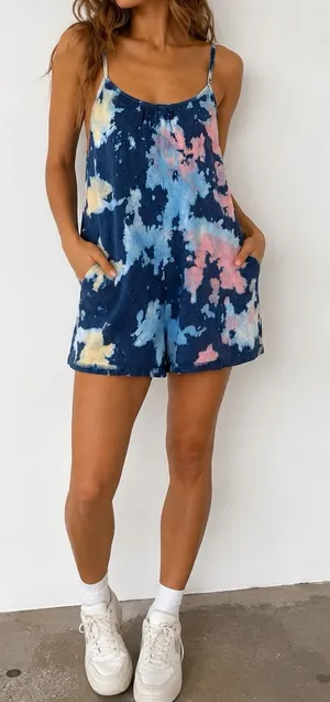 Free People Movement Tie Dye Cotton Romper Blue Pink Pockets Size Small thumbnail 1