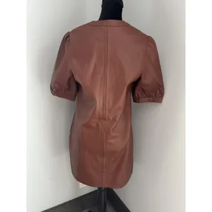 Steve Madden Cognac Brown Faux Leather V-Neck Puff Sleeve Mini Dress Size Medium thumbnail 2