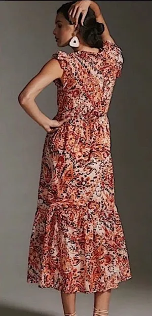Anthropologie Orange Paisley Smocked Tiered Ruffle Maxi Dress Womens Size M thumbnail 1
