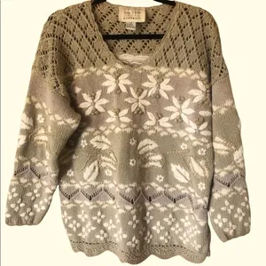 Vintage 90s Tan Floral Embroider Knit Gold poms Cottagecore Grandmacore Sweater thumbnail 4