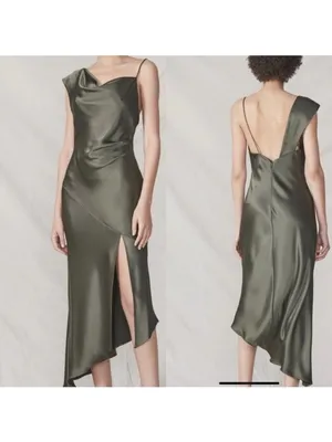 NWT ABS Allen Schwartz Everly Satin Drape Dress 2 Olive Green Slit One Shoulder thumbnail 2