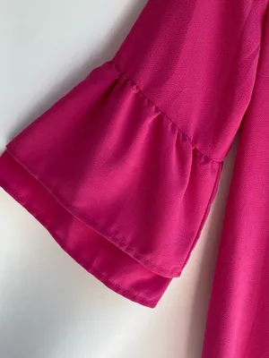 Hot pink mini dress dramatic ruffle long sleeve v-neck party wedding guest L thumbnail 5