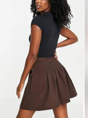 ASOS Y2K Mini Pleated Tennis Mini Skirt Brown Small Schoolgirl Wrap High Rise thumbnail 4