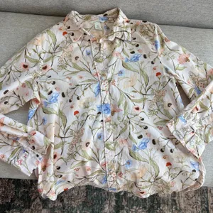 H&M Floral Linen Button Down M Long Sleeve Cottage Garden Preppy Grandma Chic thumbnail 4