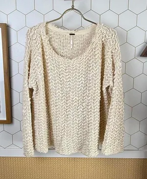 Free People Ivory Cotton Blend Chunky Knit Scoop Neck Sweater - Size - XS thumbnail 1