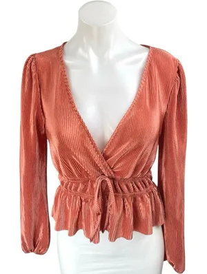 Blashe Orange Long Sleeve Plunge V-Neck Cinched Waist Tie Peplum Blouse Top Sz S thumbnail 1