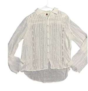 FP One Free People Ivory Sheer Gauze Lace Boho Blouse Button Down XS/S thumbnail 1