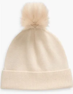Nordstrom Faux Fur Cashmere Pompom Beanie, 100%Cashmere, Ivory Cream, NWT thumbnail 1
