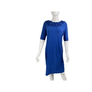 TAYLOR Navy Blue Shift Dress Polyester Short Sleeve Rosette Collar Detail Sz 6‎ thumbnail 2